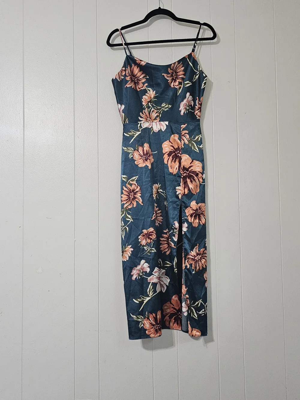 Women's Satin Floral Slip Dress Small Teal Cowl Neck Midi Cocktail Wedding Guest - Picture 2 of 8